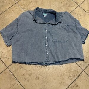 Oversized Boxy Short Sleeve Cropped Chambray Button-Up Shirt